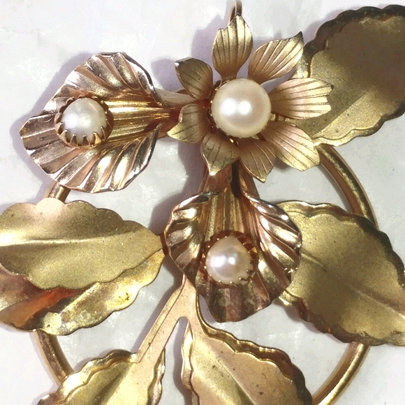 GENUINE PEARL FLORAL BROOCH PENDANT - VINTAGE - Picture 2 of 4